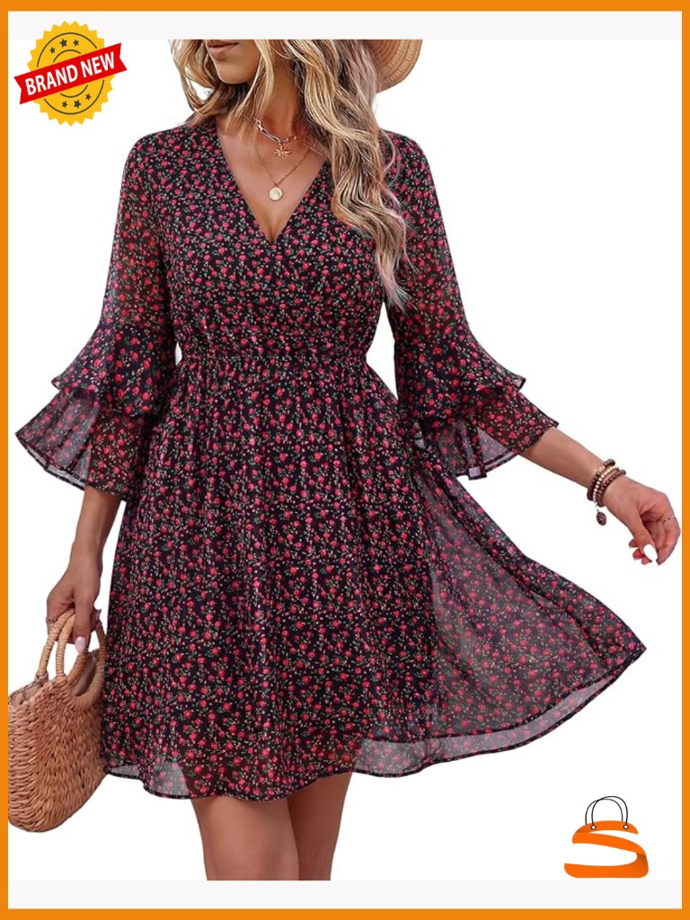 V Neck Flowy Chiffon Midi Dress With Ruffle Sleeves